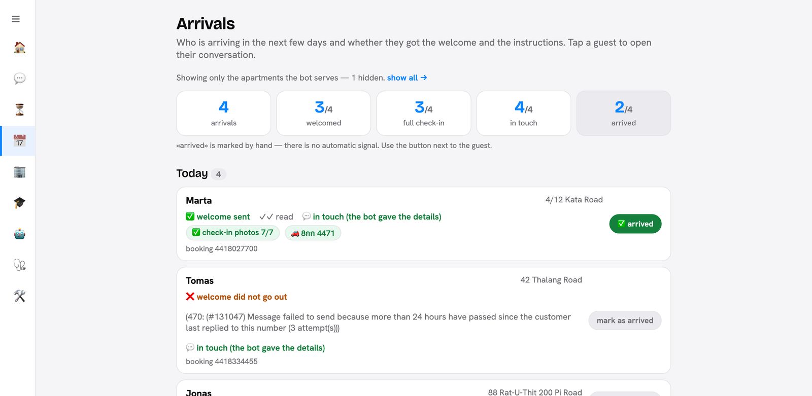 The Arrivals screen: today's guests, delivery status per guest, and one welcome that failed with the reason shown.