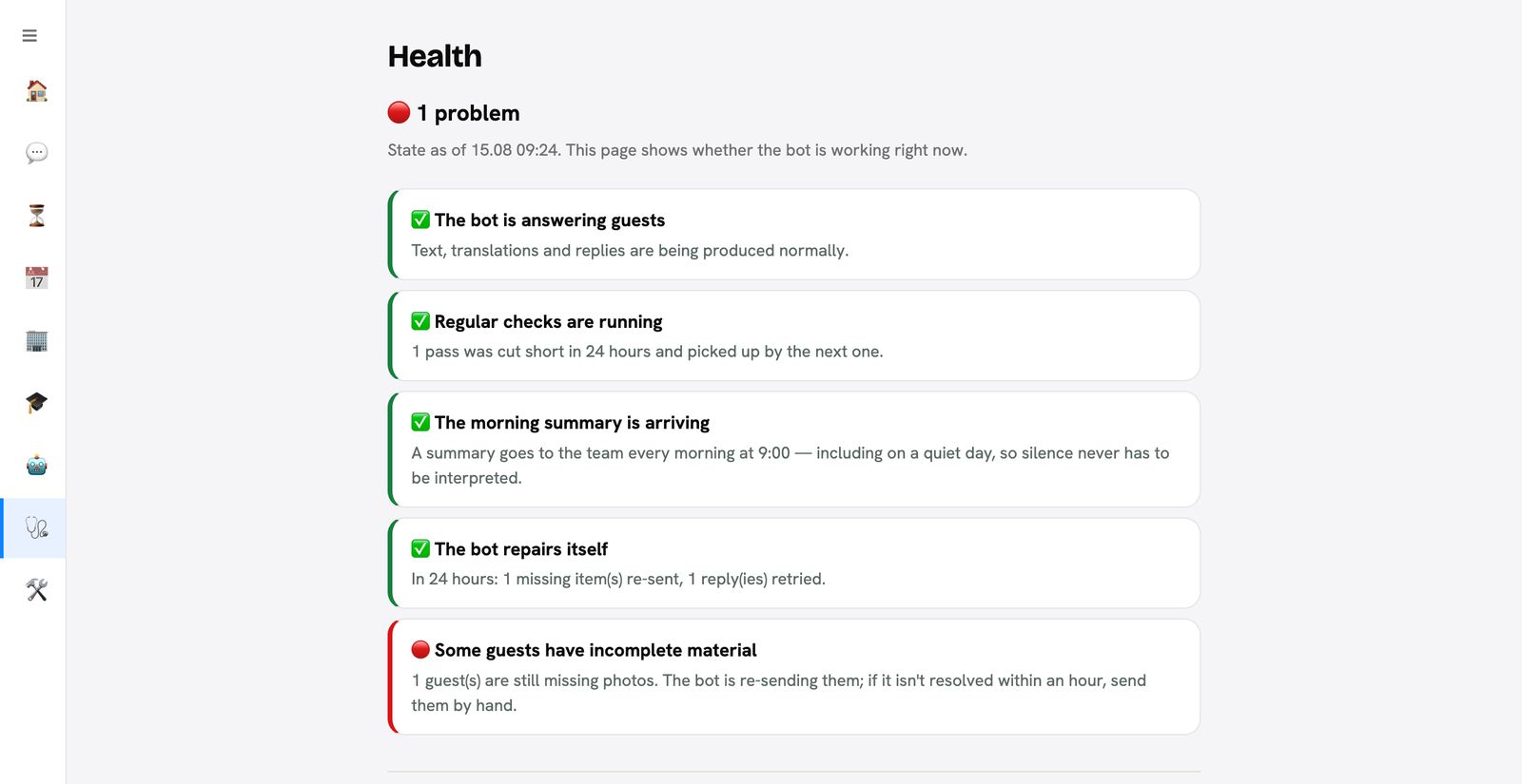 The Health screen: five plain-language signals, four green and one red about a guest missing a photo.