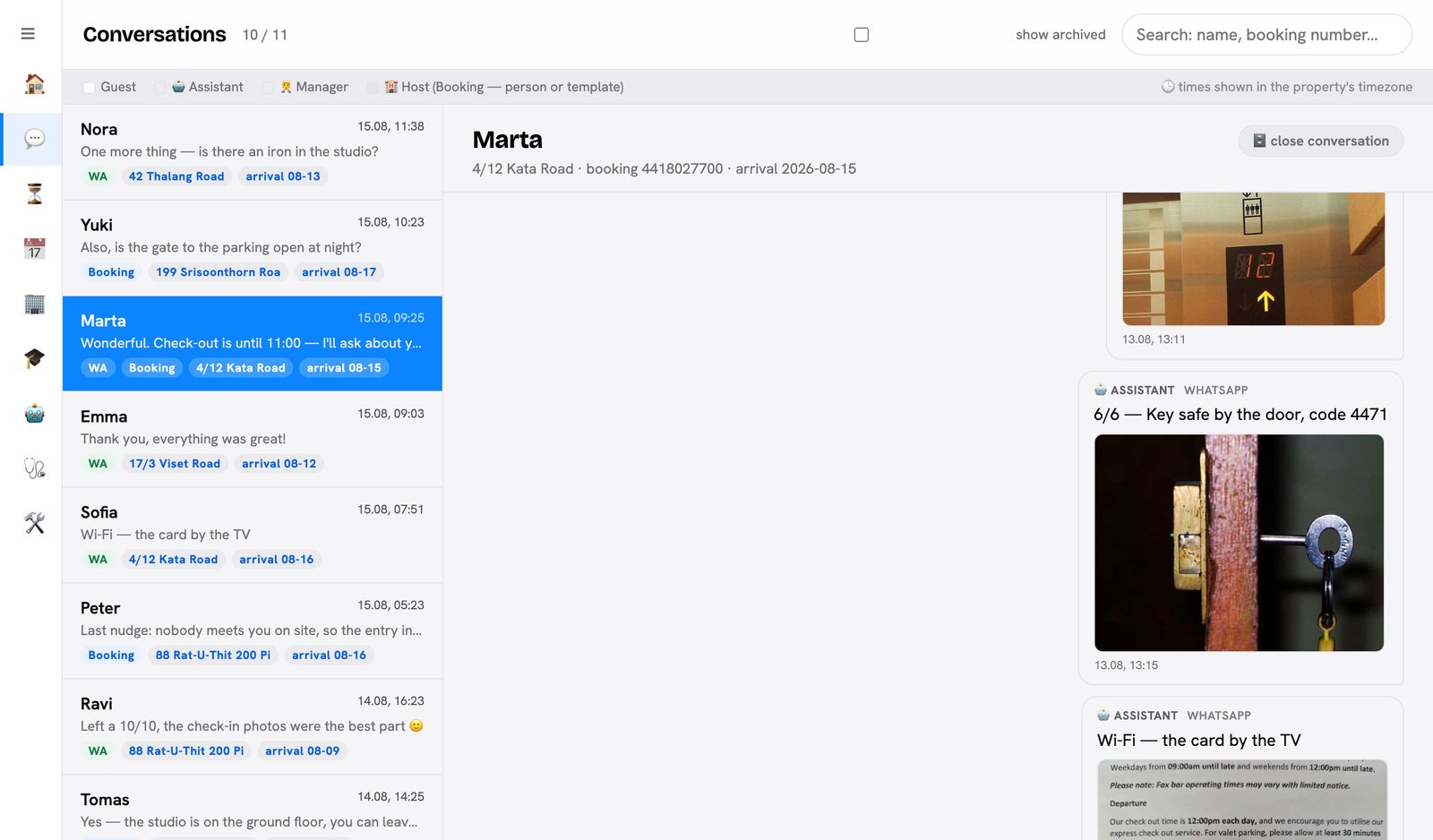 The Conversations screen: a guest thread merging WhatsApp and Booking.com, with the check-in photos the assistant sent.